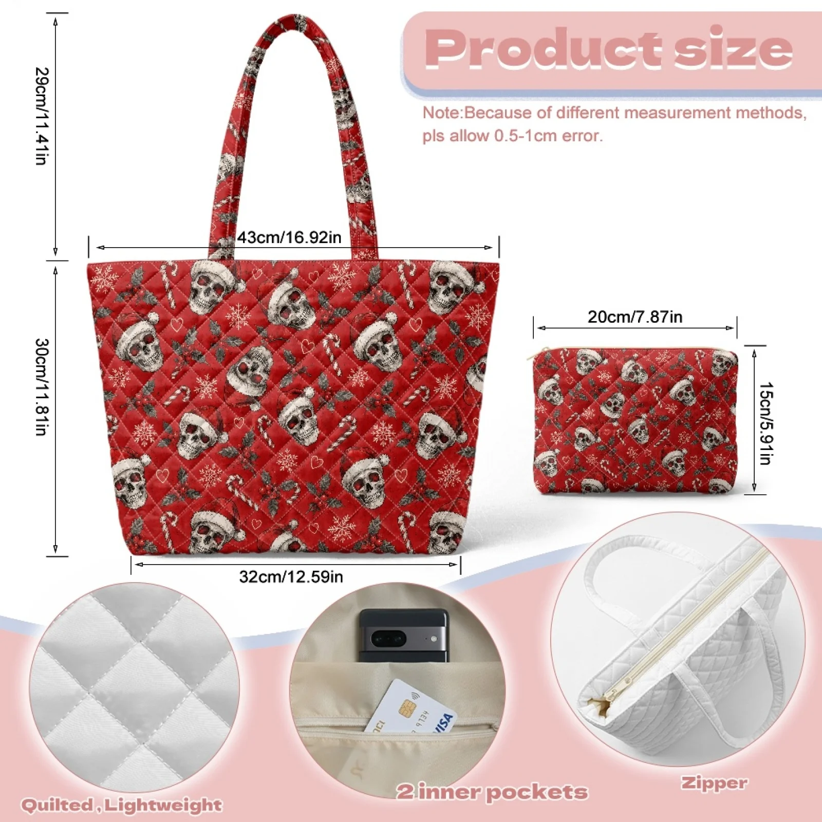 Coloranimal Christmas Skull Santa Print 2 Packs Embroidered Tote Bags Handbags and Purses for Office Large Capacity for