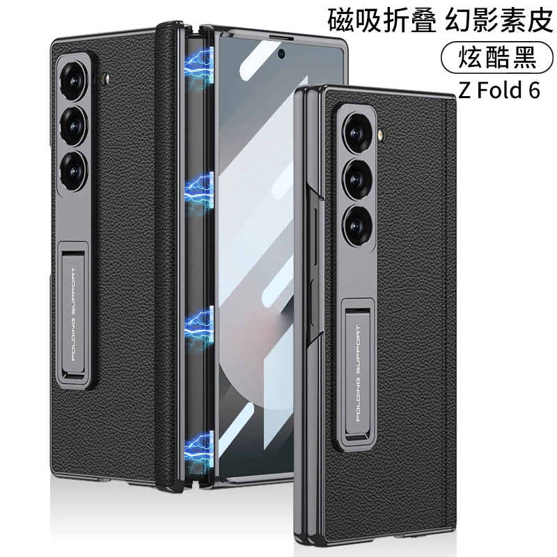 For Samsung Galaxy Z Fold6 Case Tempered Glass Leather Skin Holder Case For Galaxy Z Fold6 Z Fold 6 360 Cover Full Flip Shell