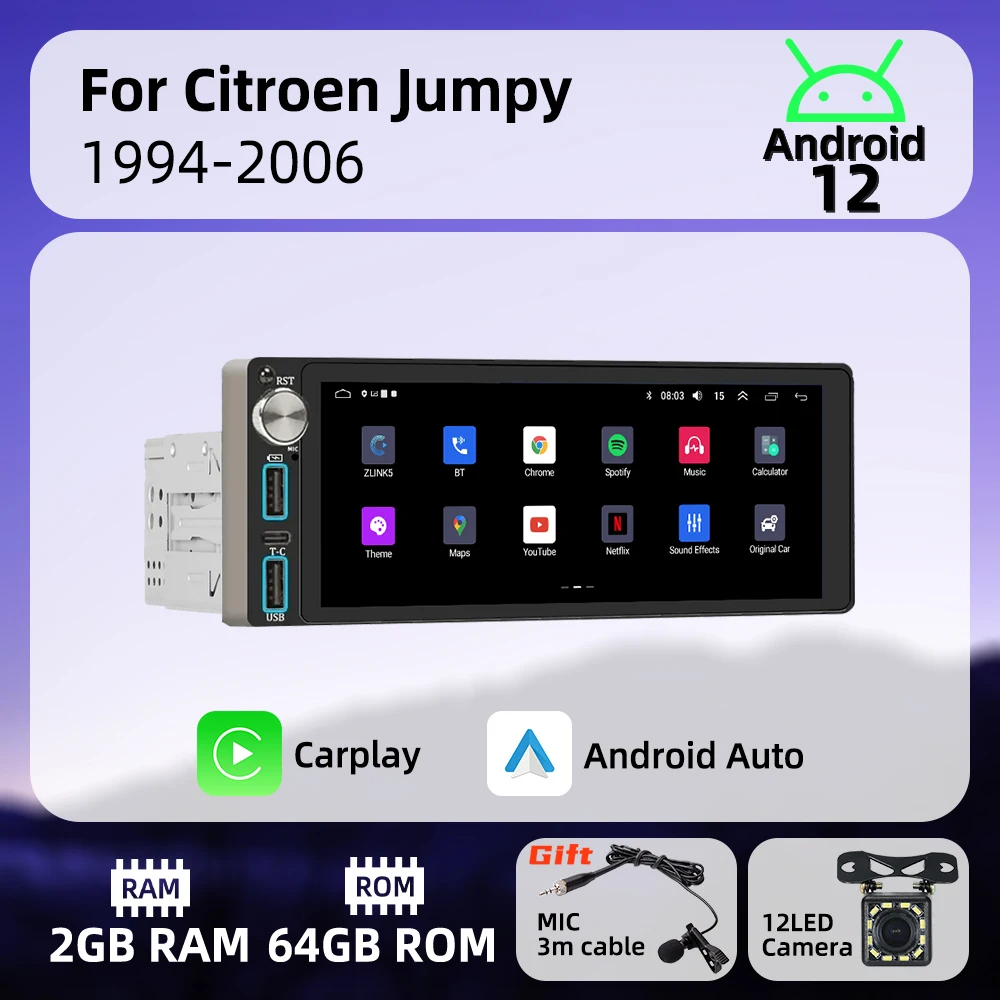 

6,86 "экран Carplay 1 Din радио Android автомобильный мультимедиа для Citroen Jumpy 1994-2006 стерео головное устройство GPS-навигация авторадио