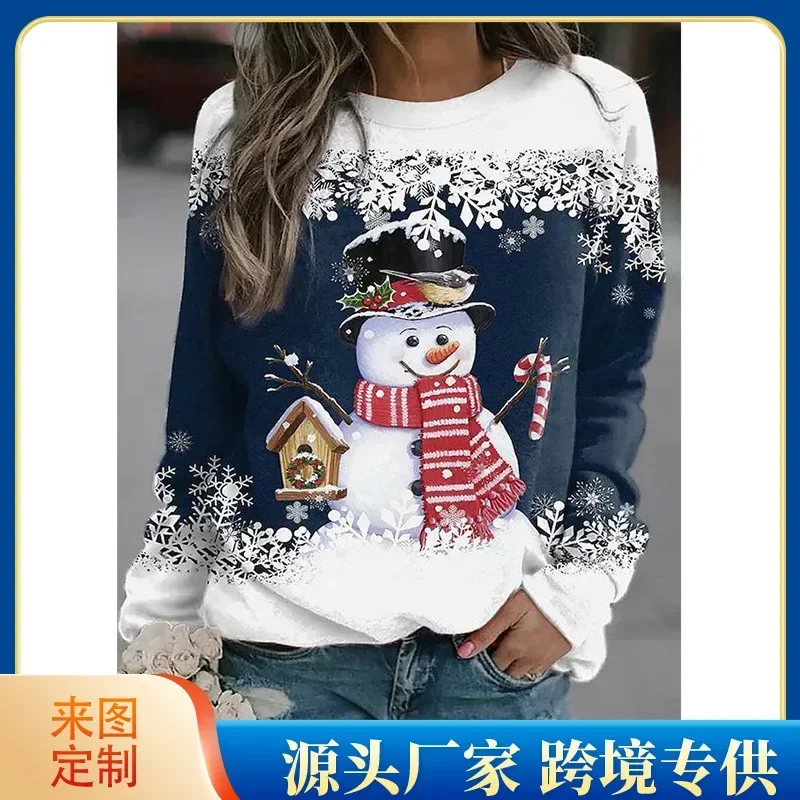 Autumn Winter Casual Women\'s Christmas 3D Print Elegant T-shirt Loose O-Neck Retro Temperament Daily Pullover Blouse Shirt