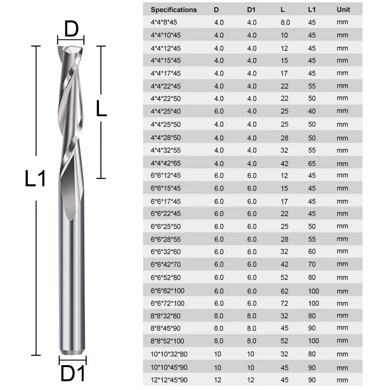 Sprial Milling Cutter 2 Flute Flat End Mill 3.175 4 6 8 10 12 mm Shank CNC Router Bits Carbide Milling Tools for Woodworking