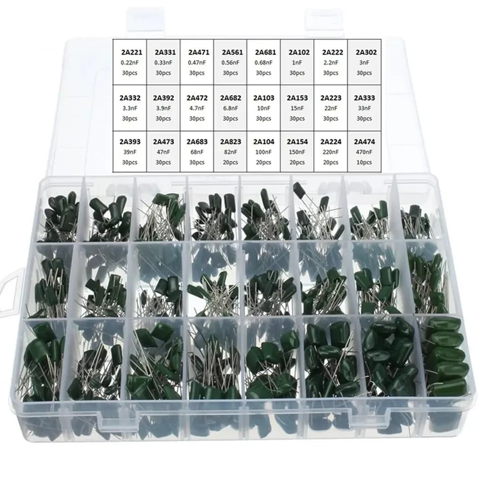 660pcs/lot 24Value Capacitor kit 100V 2A221J to 2A474J Polyester Film Capacitor Assorted Kit 0.47nF 0.68nF 1nF 2.2nF Capacitors