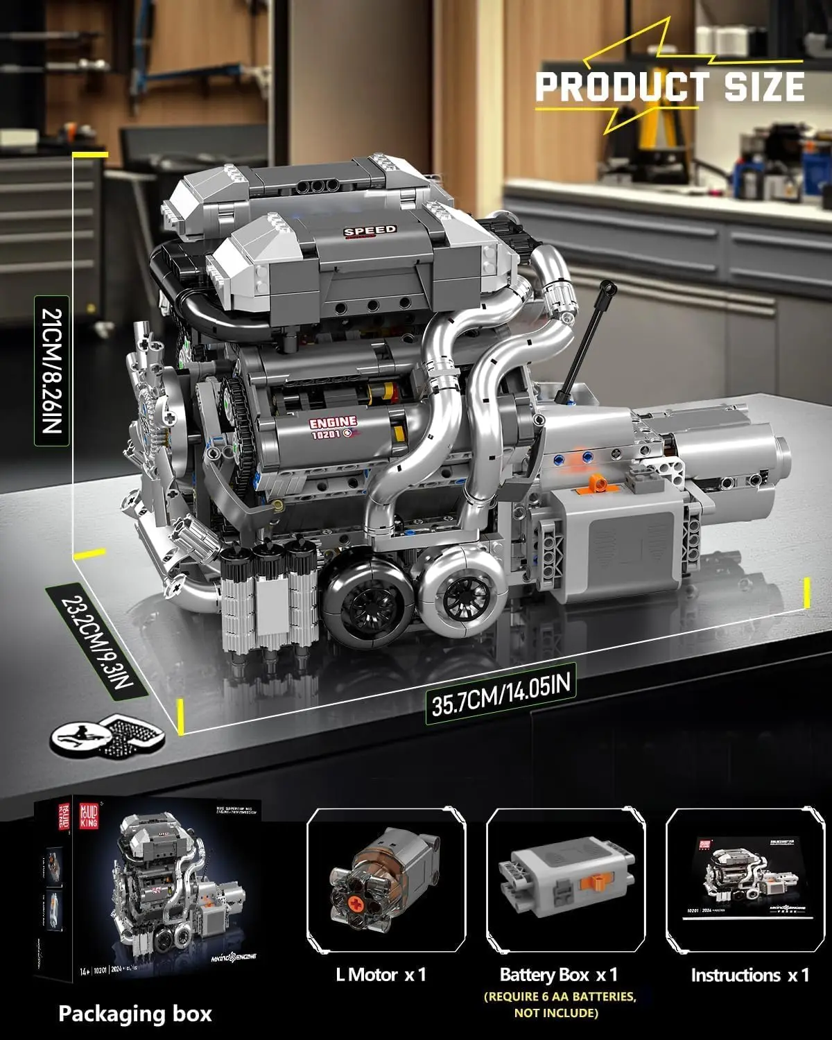 10201 W16 Engine Model Kit, MOC Bug Supercar Engine Model with Battery and Motor, Collectable 16-Cylinder Car Engine Transmissio