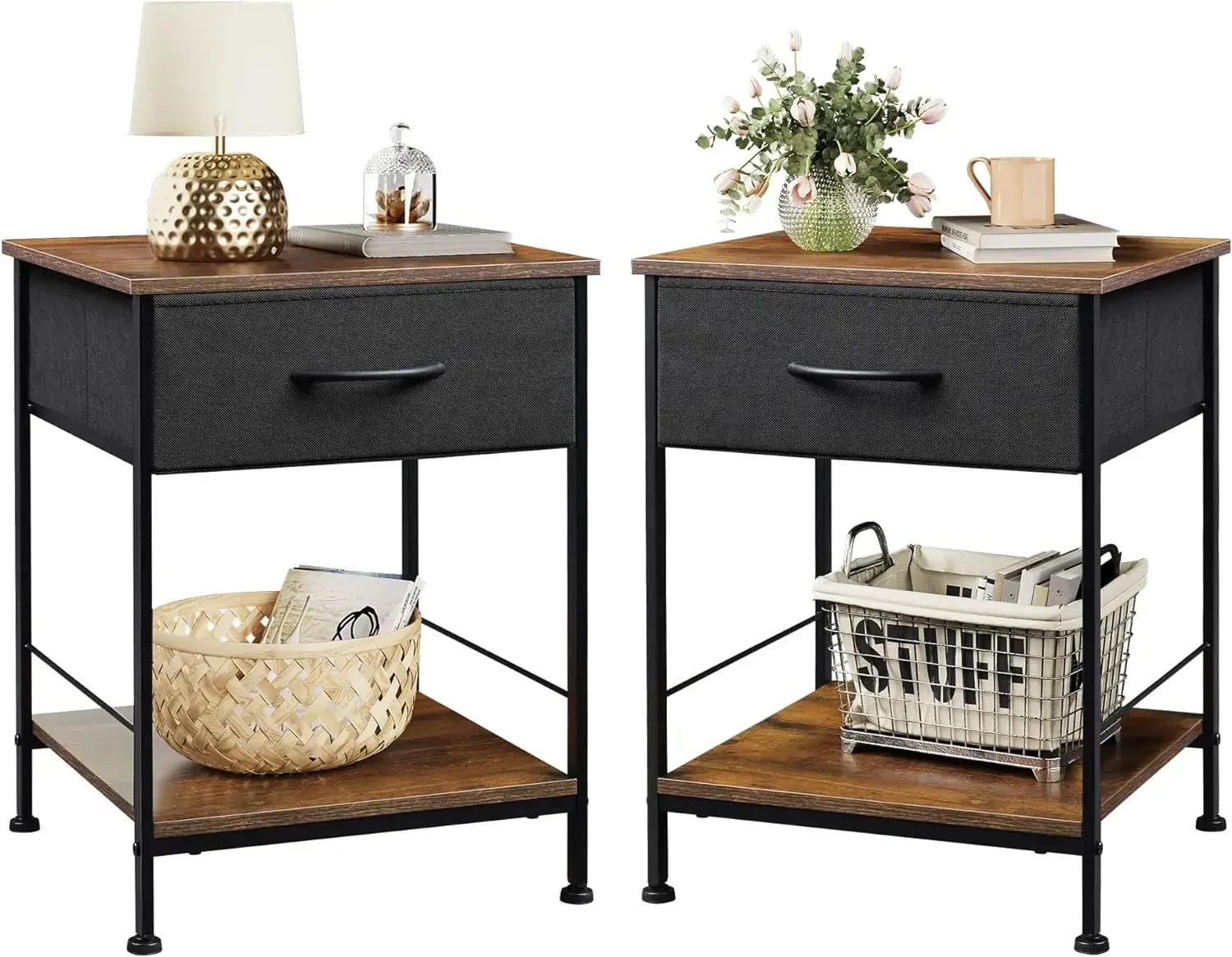 WLIVE Nightstand Set of 2, End Table with Fabric Storage Drawer and Open Wood Shelf, Bedside Furniture with Steel Frame