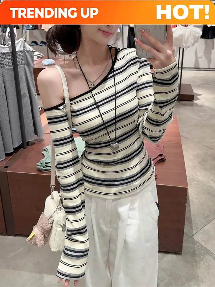 Customization Korean Vintage Off Shoulder Striped Top Women 100% Ribbed Cotton Long Sleeve T Shirt Spring Autumn Basic Tees 2025