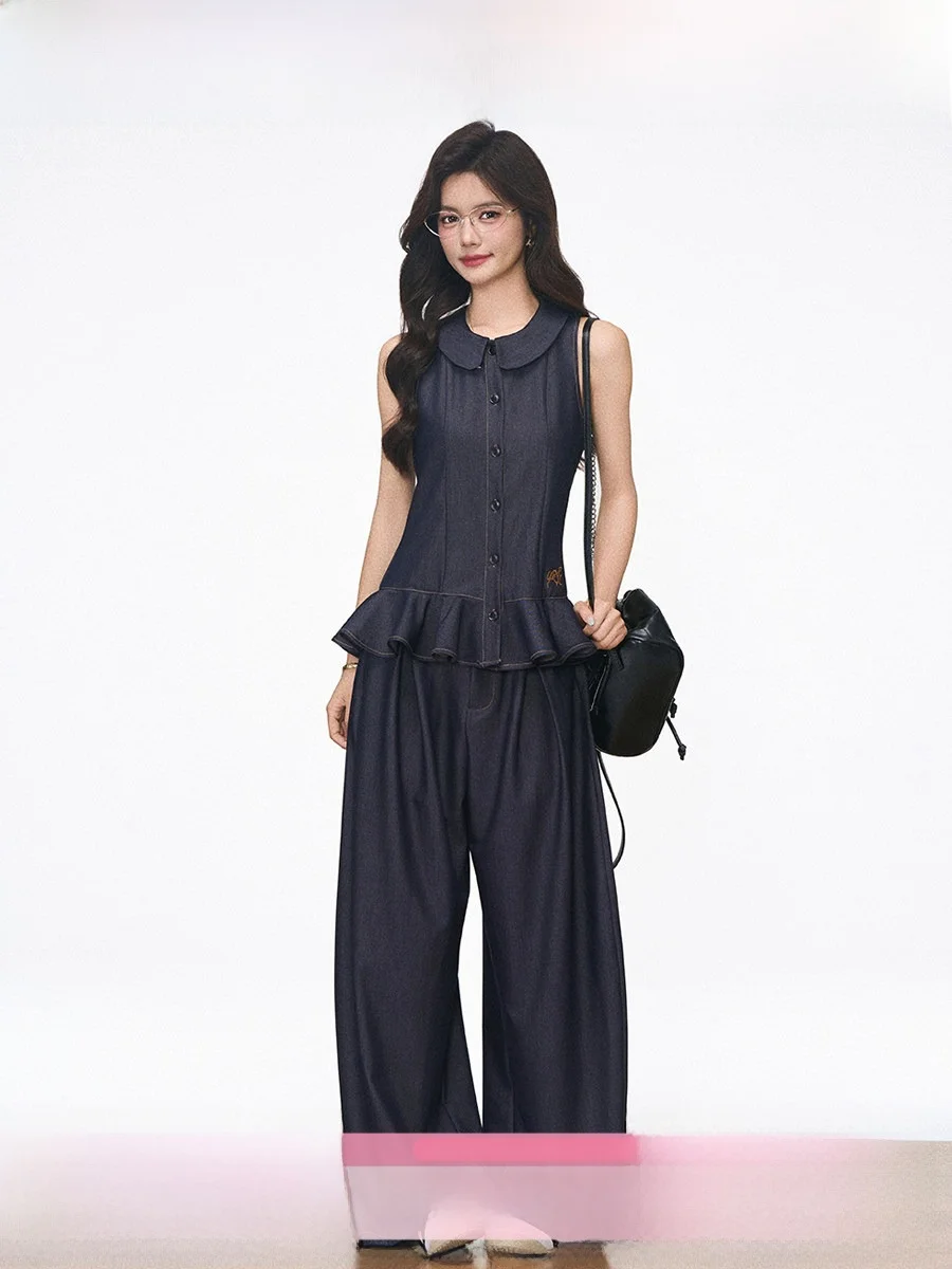

Westayone New Arrival Casual Denim Look Top Bottom Set Straight Leg Wide Pants Commute Fashionable Two-Piece Women's Suit