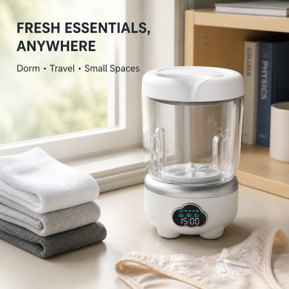 Compact Mini Laundry Cup 1.6L Portable Washer 3 Modes LED Digital Display Type-C Cordless for Socks Delicates and Dorm
