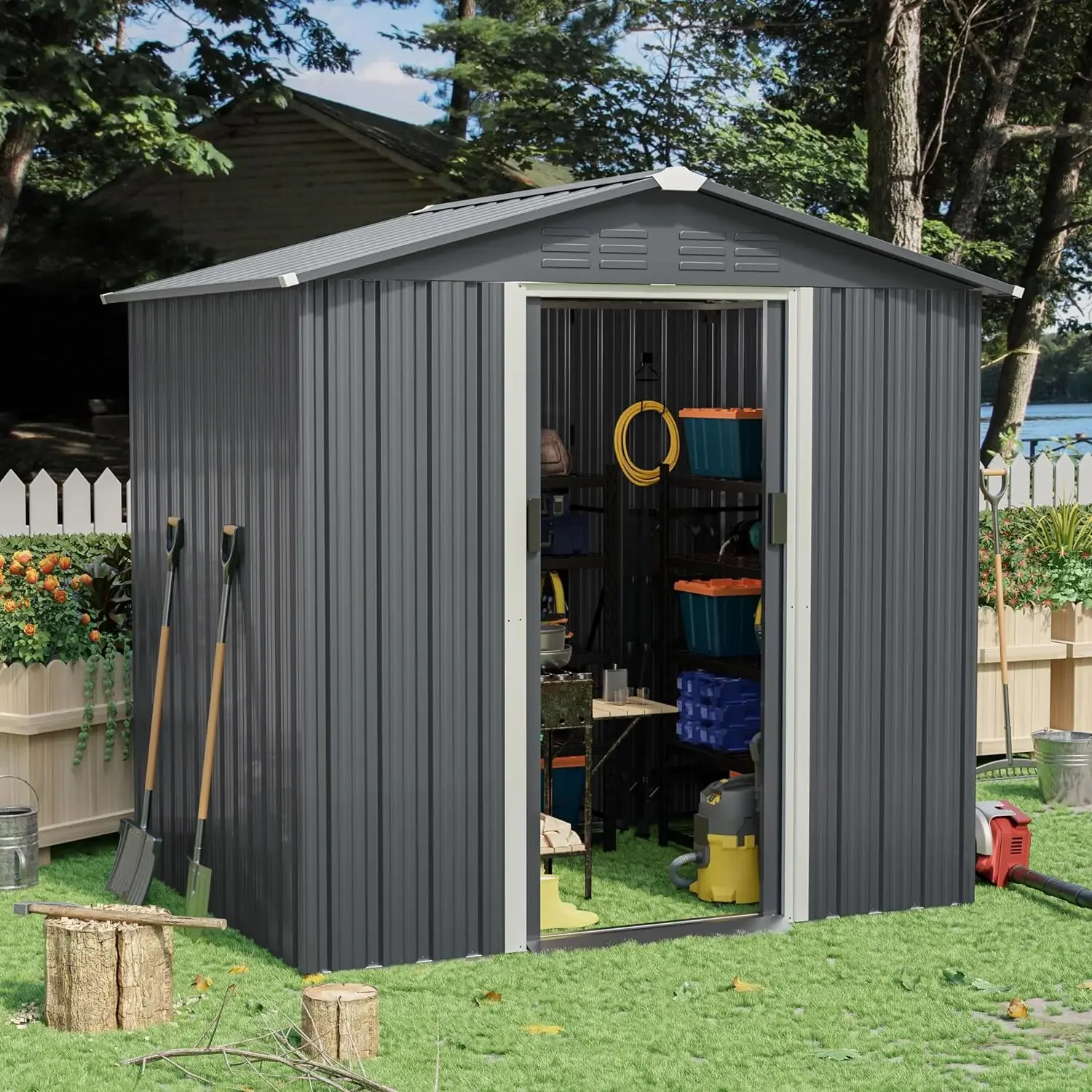 Outdoor Storage Shed, Waterproof Lockable Door Metal Tool Shed with Sliding Door and Air Vents Storage House for Gardening Tools