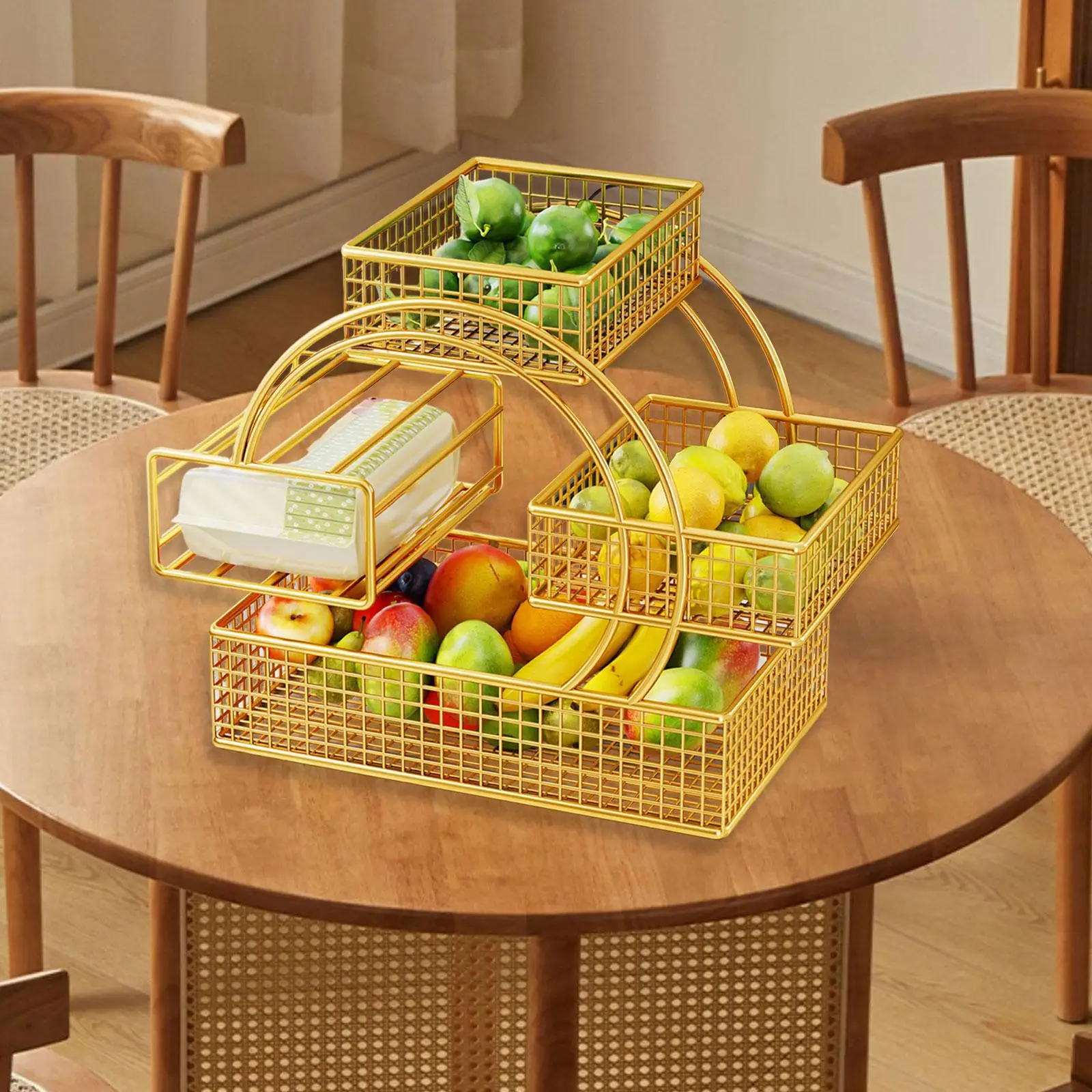 

Iron Triple Layer Fruit Basket Snack Tray Open Access Design Smooth Edges Accessories 11.8x7.8x11.8inch with Tissue Box Holder