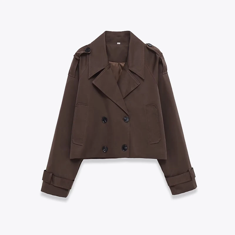 

Vintage Double Breasted Long Sleeved Windbreaker For Women Lapel Collar Short Fashion Elegant Trench Coat Spring Autumn