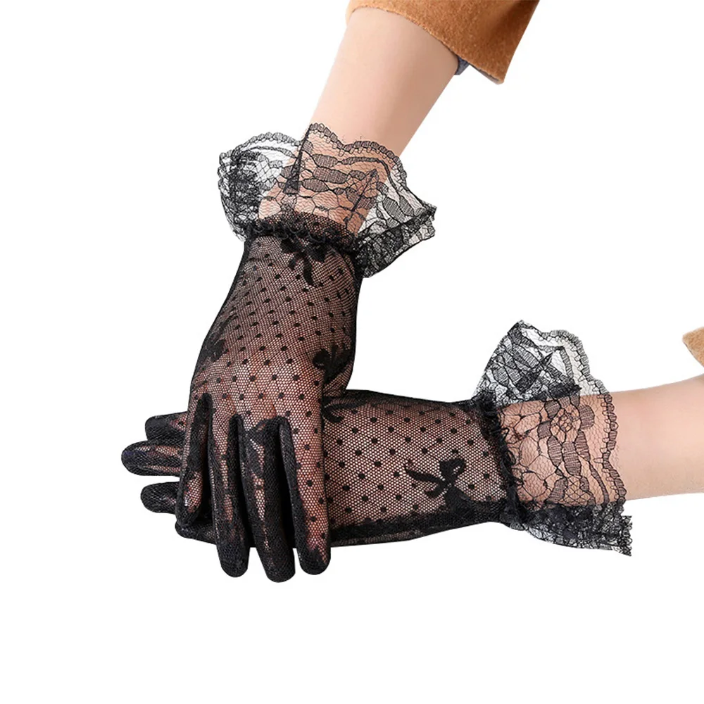 Fishnet Wedding Short Driving Lace Bow Full Finger Lace Gloves Tulle Mittens Mesh Gloves Bridal Gloves