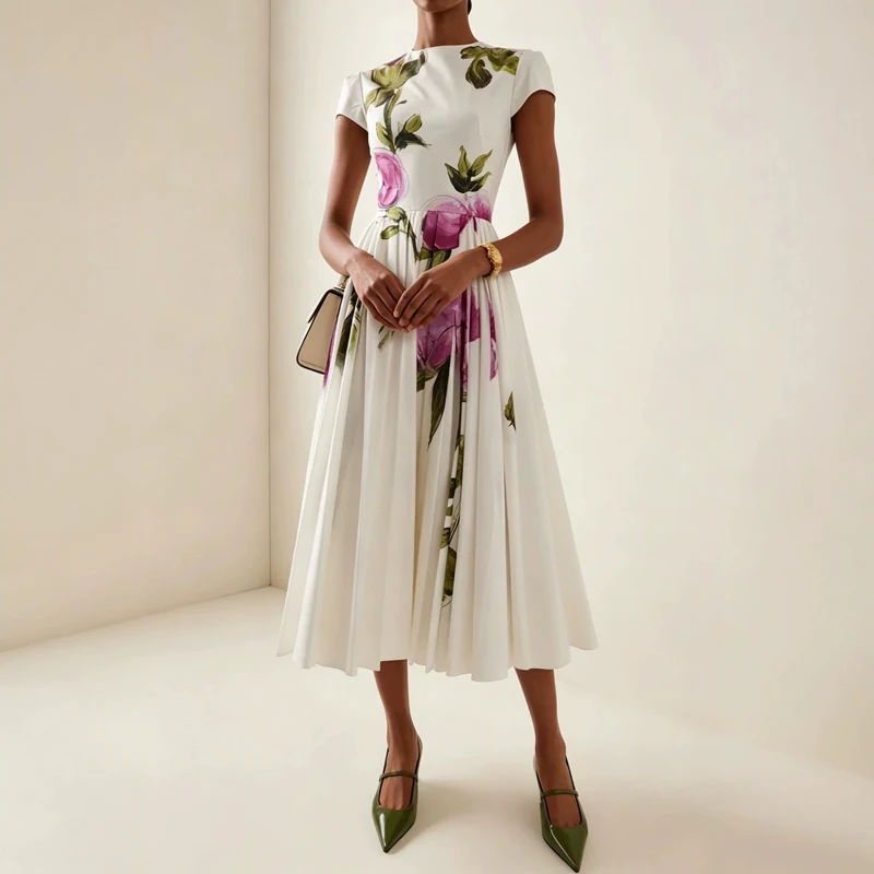 

Sweet Rose Print A-line Dress New Fashion O-neck Zipper Short Sleeved Formal Evening Dress Elegant Pleated Waist Cinch Mid Dress