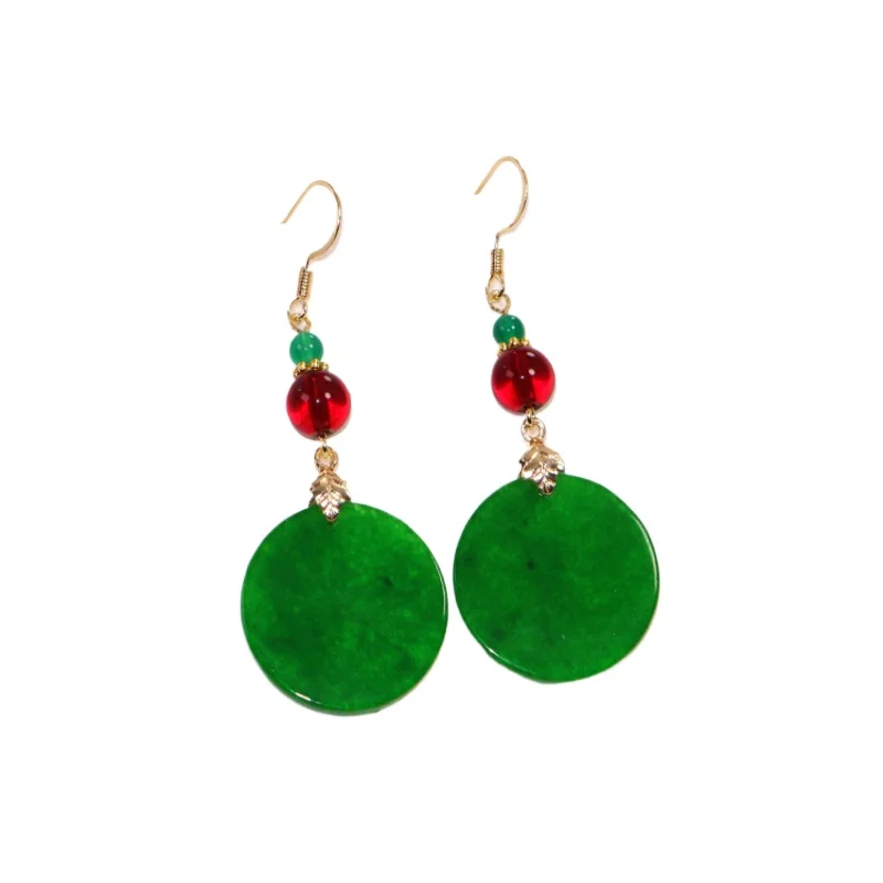 

Retro fashion dry blue jade earrings 14K gold ear hooks ethnic style personalized long gift women's earrings