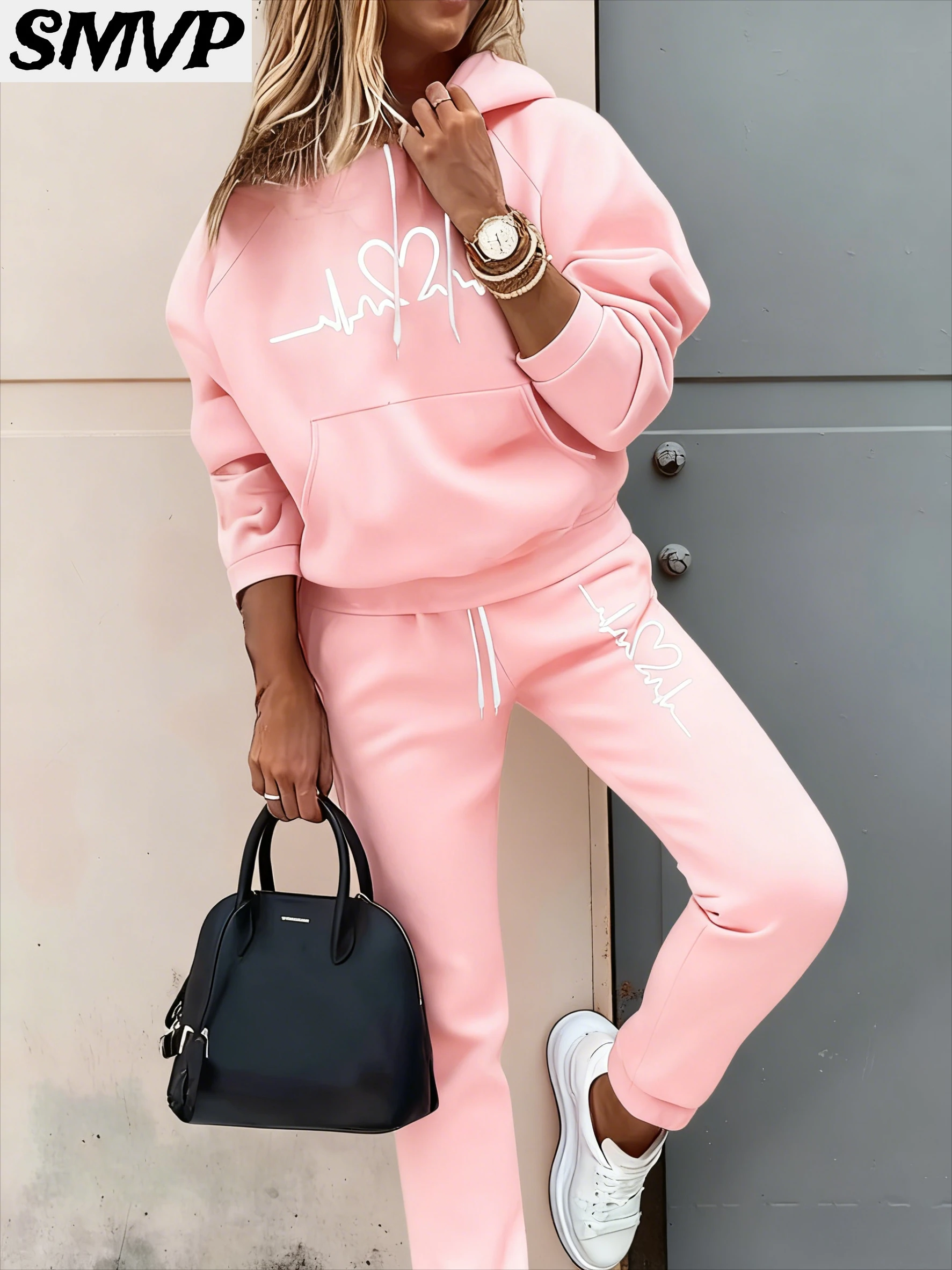 SMVP النساء الفتيات القطن هوديي مجموعة رمادي ضربات القلب خط نمط قطعتين الزي عارضة المتسكعون الأم ابنة