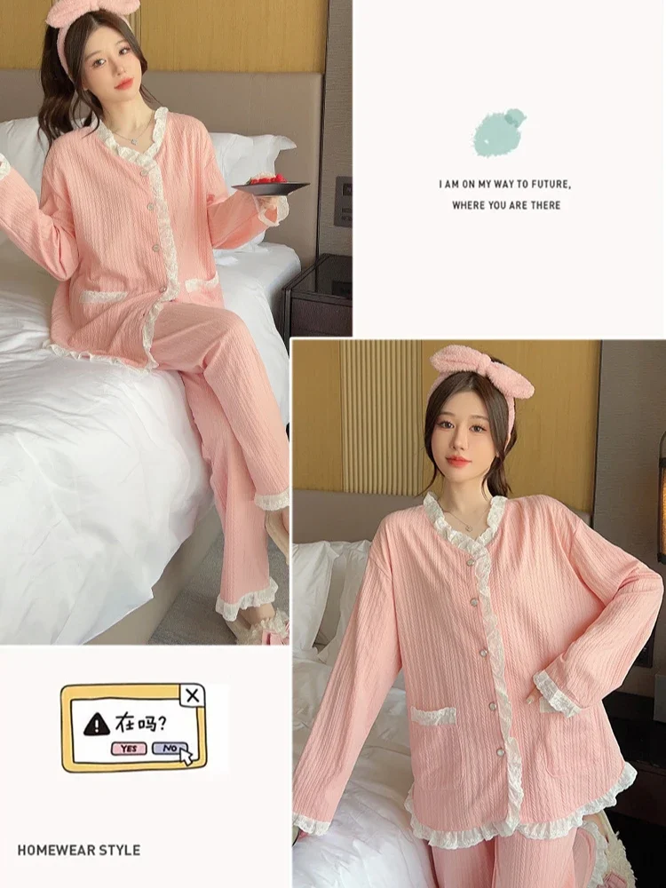 5XL Plus Size Cotton Pajamas Women Spring Fall Cute Thin Two-piece Suit Sweet Students Sleepwear Long Sleeve Loose Homewear