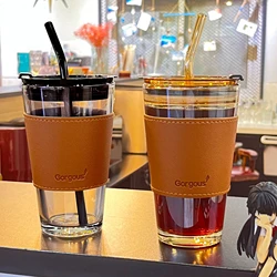 350/450ml Coffee Glass Cup Water Bottle Thick Glass Mug Heat-Resistant Milk Juice Cup Travel Sealed Non-slip Set Straw Mug