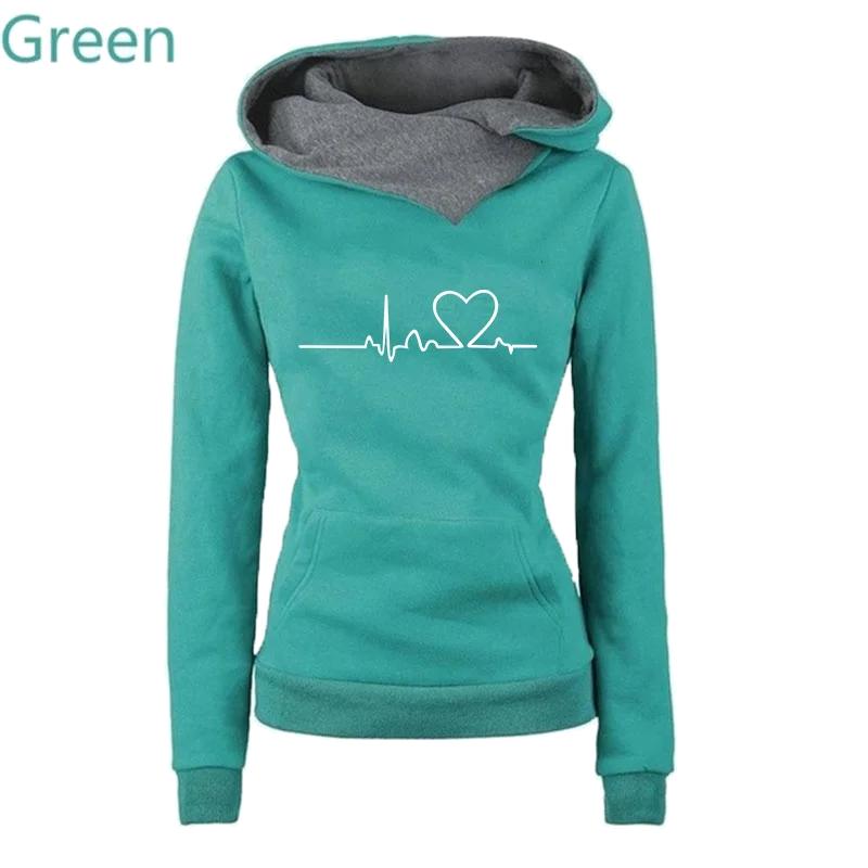 Love Heartbeat Print Women Hoodies Lapel High Collar Long Sleeve Hooded Sweatshirts Casual Pullover Tops