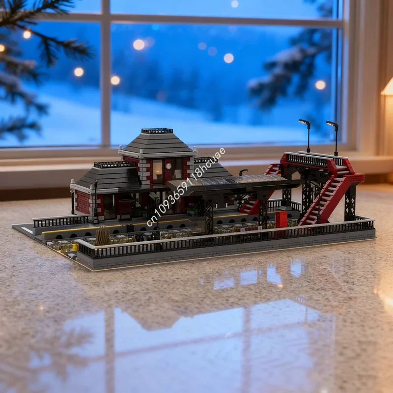 

4281 деталь MOC: Модель железнодорожной станции для небольшого города, конструктор, идея для подарка на Рождество, развивающая игрушка, подарок на день рождения для детей