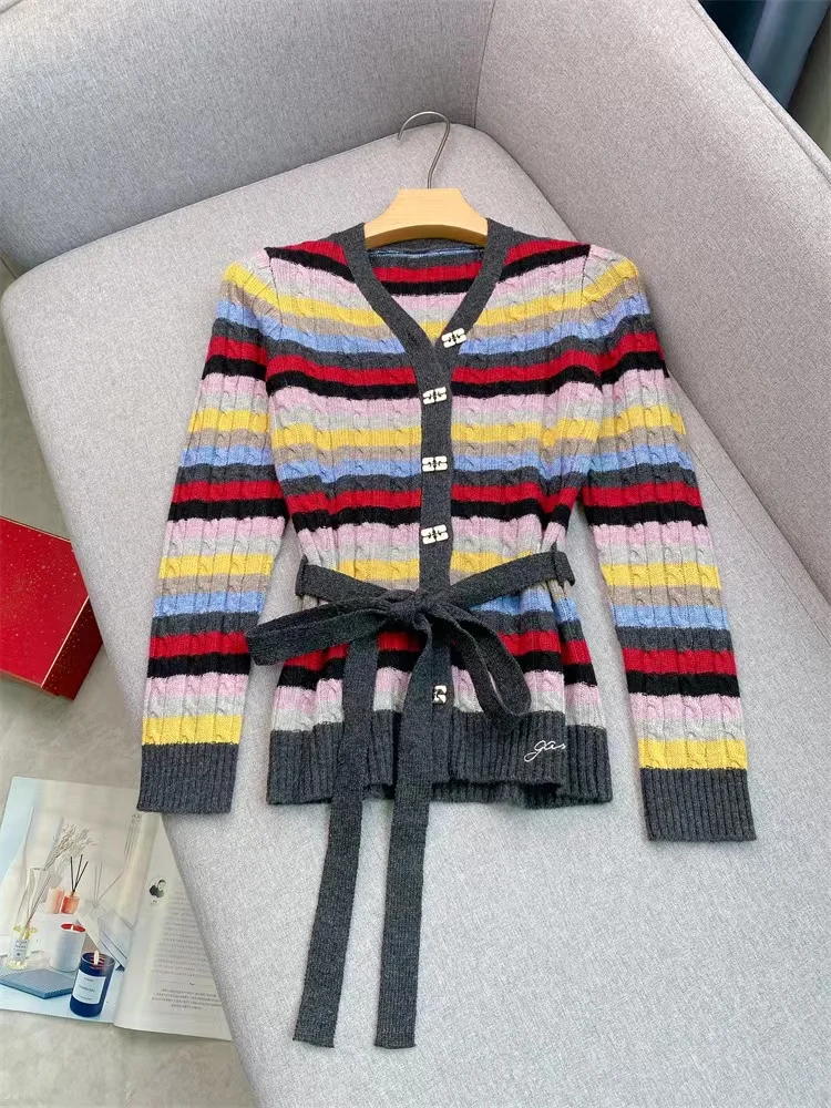 2024 Early Autumn New Wool Blended Contrast Color Striped Sweater Cardigan Women Retro Lace-up Slim Knitted Coat Ladies