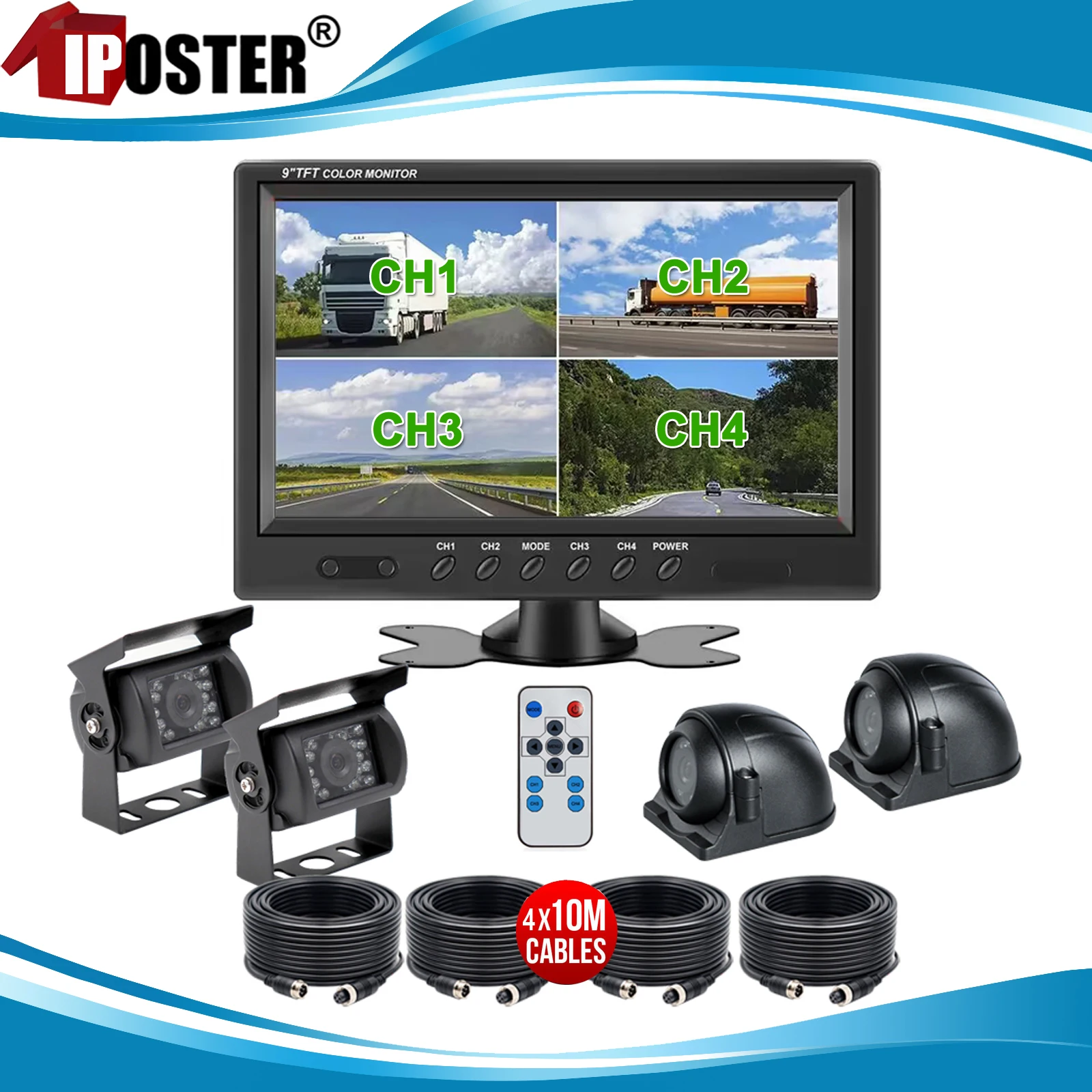 

iPoster HD Vehicle Backup Camera 9 Inch 4 Split Monitor+ 4 Cameras with Front & Rear View Camera 12-24v For Truck Rv Trailer Bus