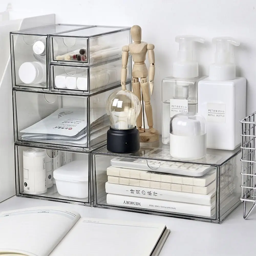 INS Desktop Storage Box Dust Proof Stackable Transparent Organizer Shelf Multi-function Drawer Type Cosmetics Organizer