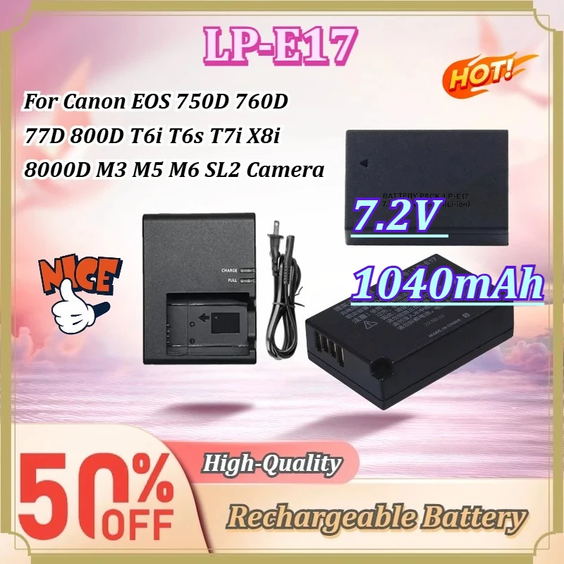 For Canon EOS 750D 760D 77D 800D T6i T6s T7i X8i 8000D M3 M5 M6 SL2 LP‑E17 7.2V 1040mAh Camera Battery with US Charger