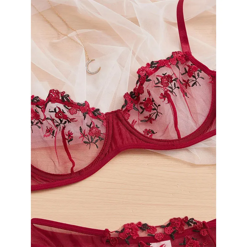 Woman 2 Pieces Black Daily Lingerie Sexy Floral Embroidery Underwear Transparent Lace Short Skin Care Kits Delicate Fairy Set
