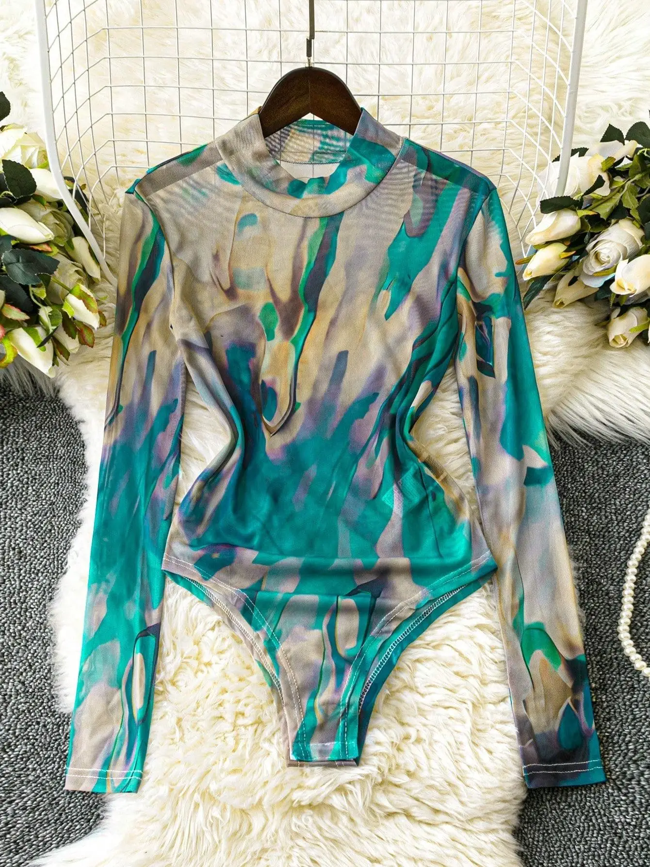 

Модный женский комбинезон тай-дай с длинными рукавами, облегающий, с высоким воротником, осенний, модный, сексуальный, для девушек, трансграничная торговля, весна-лето, размер S