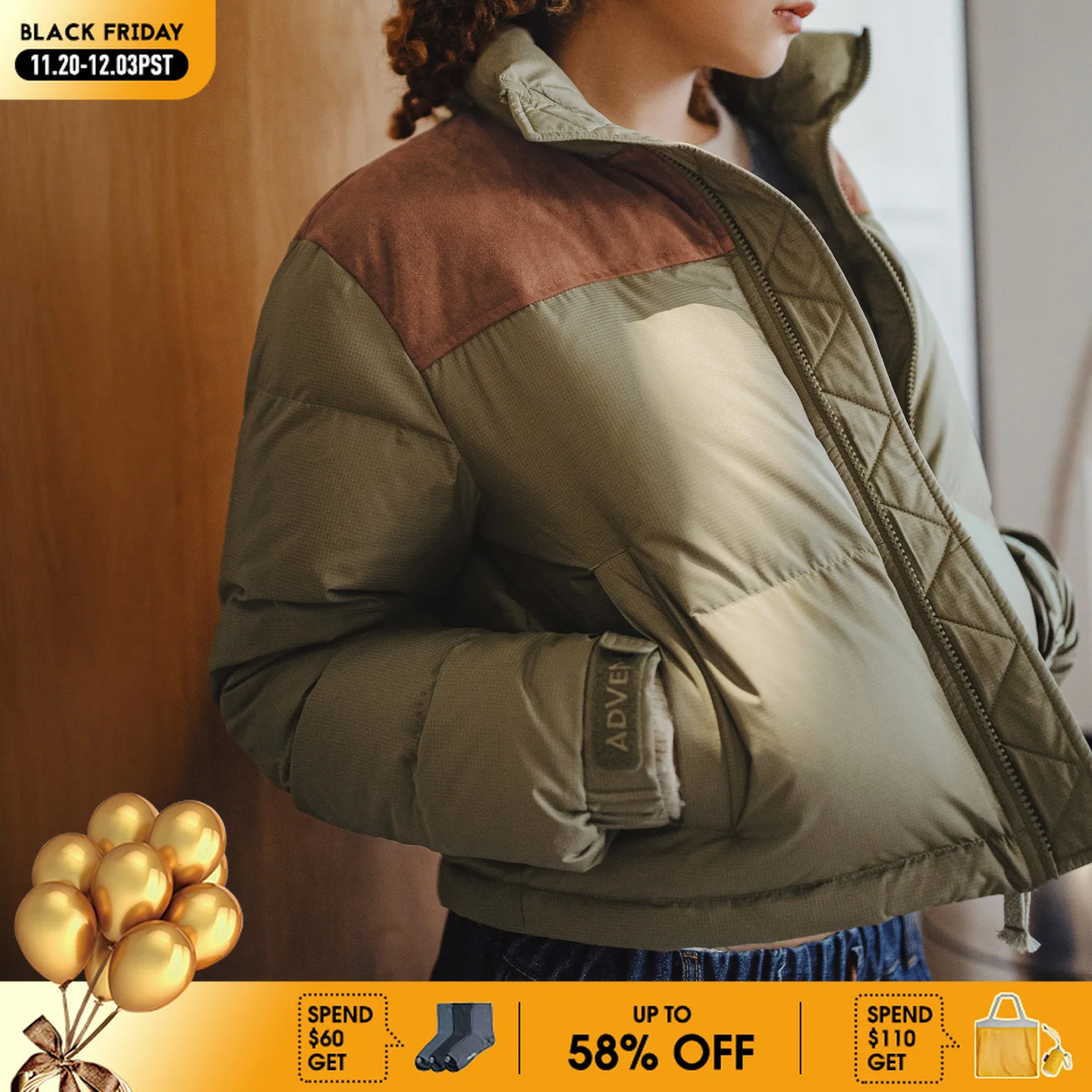 

Maden Women's Short Down Jacket 90% Duck Down Warm Thick Cropped Puffer Coat Retro Suede Patchwork Stand Collar Winter Outerwear