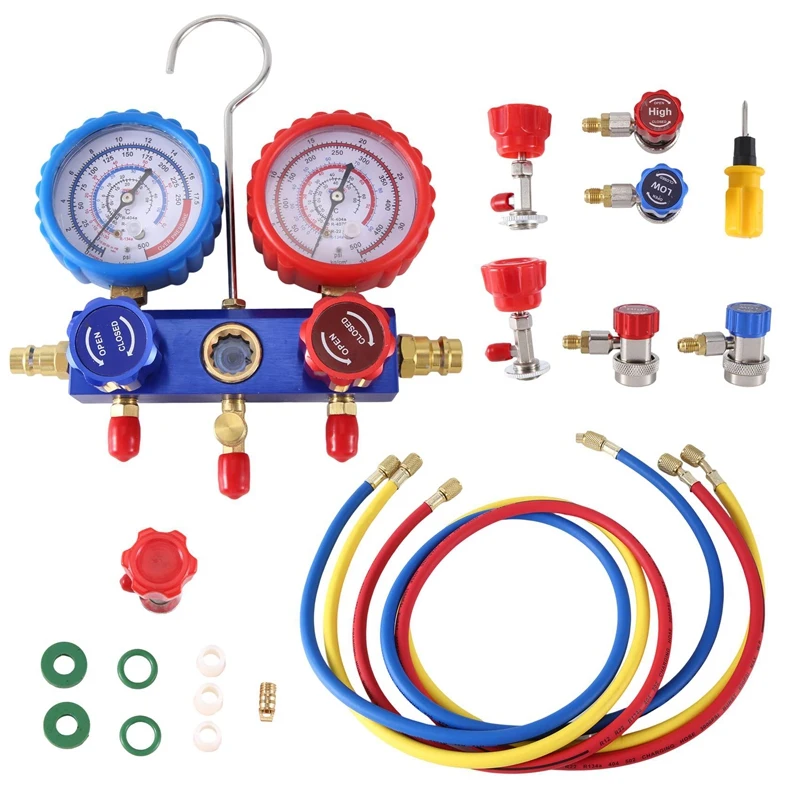 

AC Manifold Gauge Set AC Diagnostic Manifold Gauge Set + 5FT Hoses Adapter, 1/4Inch Hose Connectors, 3-Way AC Gauges