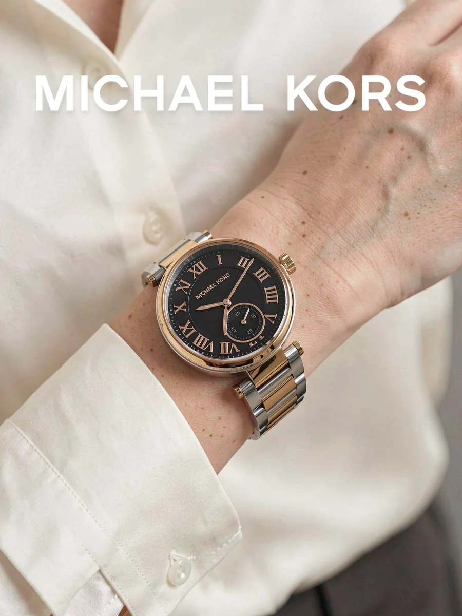 Michael Kors Ladies Watch Round Black Dial Two Tone Quartz Wristwatch Crystal Roman Numeral for Party Dating Birthday Gift Women