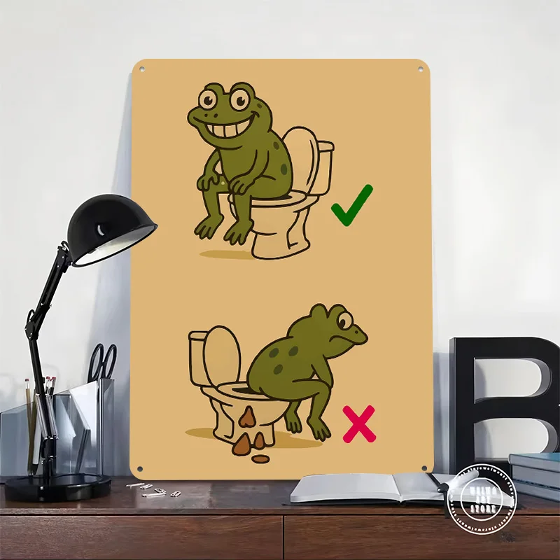 Frog Toilet Etiquette Cartoon Illustration 3D Texture Printed Poster Custom Vintage Metal Tin Plate Sign for Wall Art Room Decor