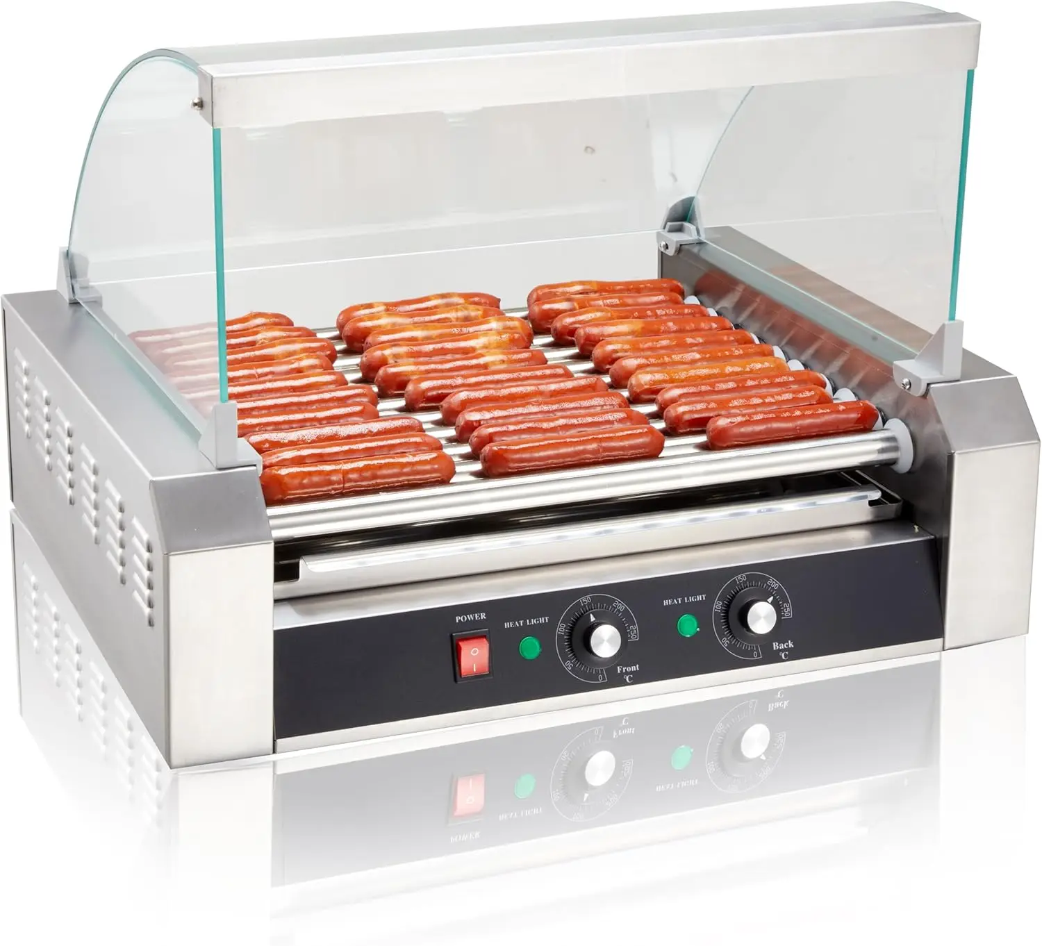 Sybo Hot Dog Roller, 30 Hot Dogs 11 Rollers Grill Cooker Machine With Removable Stainless Steel Drip Tray And Glass Hood Cover,