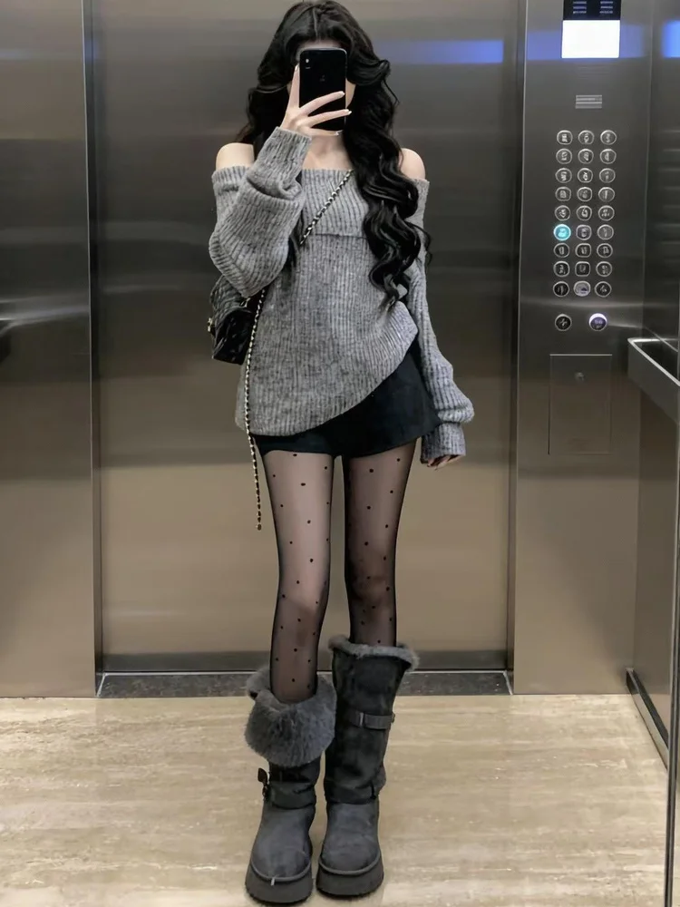 فضفاضة تناسب الكورية Sle كسول واحد الكتف سترة المرأة الخريف الشتاء جديد Faion لينة محبوك أعلى مريحة طويلة Sve #2