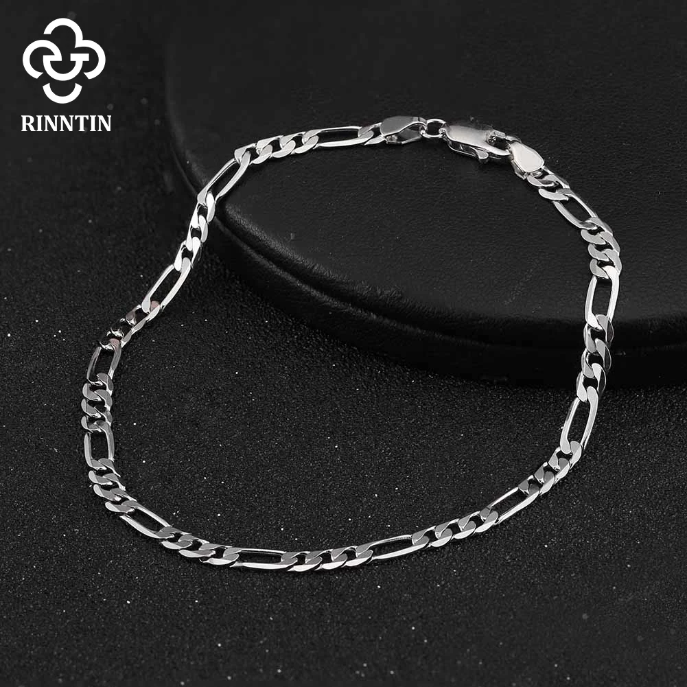 Rinntin Fashion 925 Sterling Silver Italian 3.3mm Diamond-Cut Figaro Link Chain Bracelet for Women Handmade Jewelry SB66