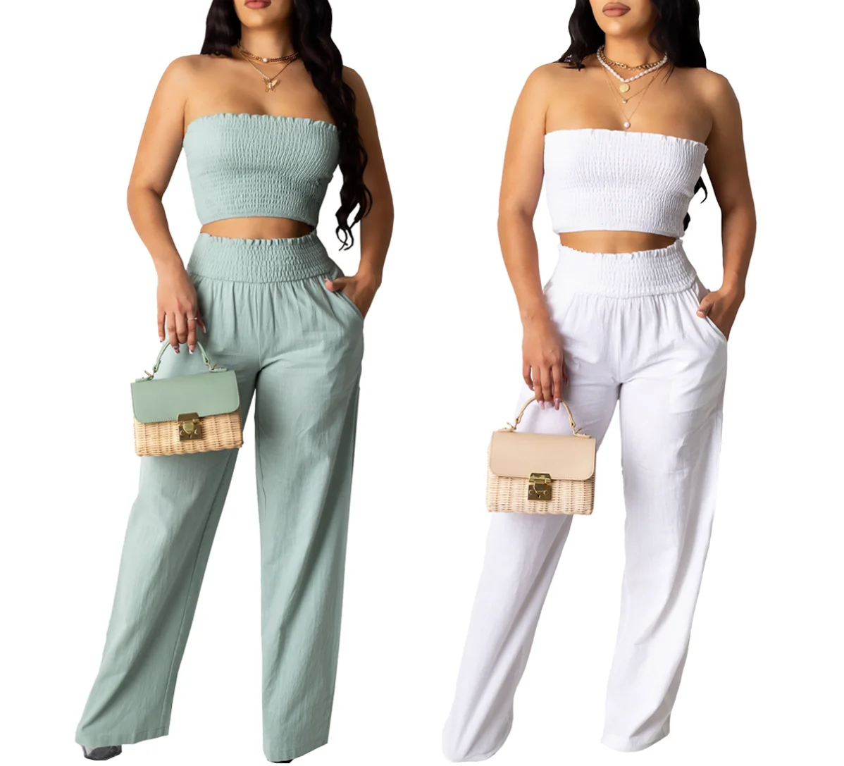 

Women's Summer Casual Smocked Tube Top and Pockets Wide-Leg Pants Solid Color Two Pieces