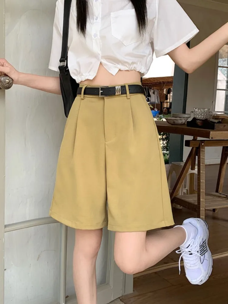 Kumikumi Women's High Waist Wide Leg Casual Pants Loose Drapey Five-Point Summer Pure Color Versatile Straight Cut Trousers