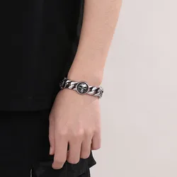 Fongten 23cm Skeleton Bracelets For Men Stainless Steel Cuban Chain Skull Charm Bracelet Silver Color Gothic Curb Bangle Jewelry
