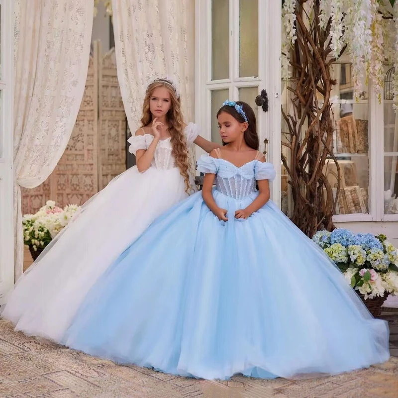 2026 Girls Flower Girl Wedding Dress Floor Length Birthday Performance Long Gown Formal Party Celebration Gown Eid Kids Clothing