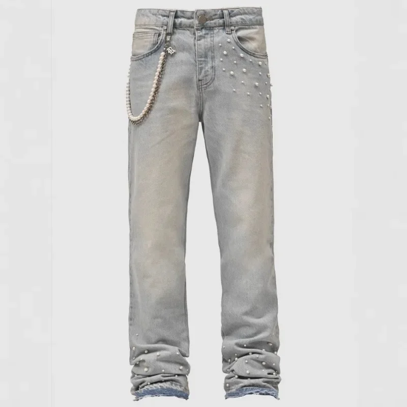

Men's Street Fashion INS Hot Elastic Pearl-Studded Denim Pants Straight Leg Trendy Streetwear Stylish Jeans Mens Casual Trousers