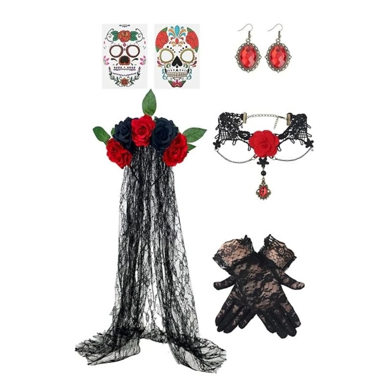 

652F Mexicans Day of The Deads Costume Halloween Sugar Skull Roses Temporary Tattooed Veil Headpiece Lace Gloves Earrings