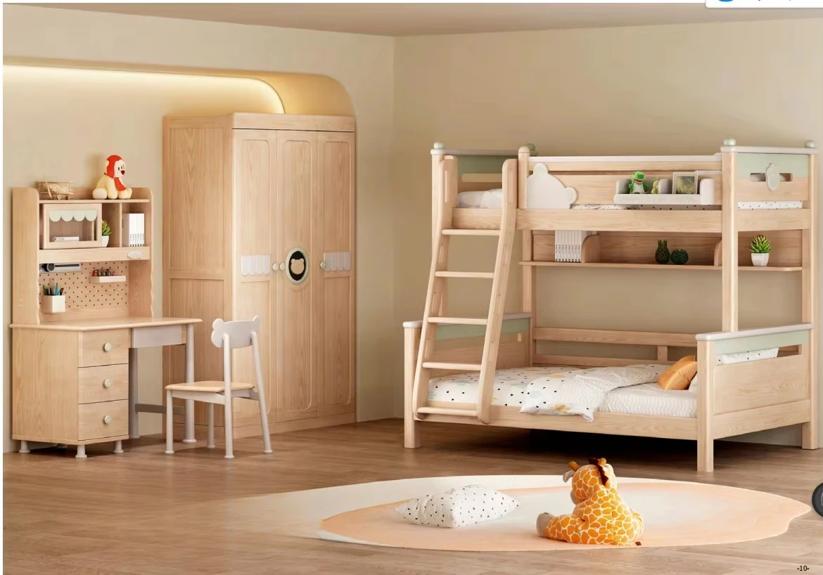 fx-Luxury Ash Wood Montessori Children's Bedroom Furniture Set with Safe Armoire and Desk Bed Eco-Friendly Design#