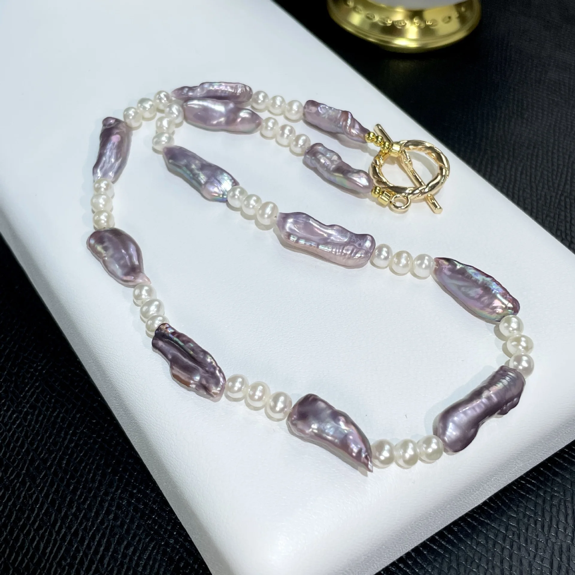 freshwater pearl white  near round 5-6mm purple biwa necklace 45cm FPPJ wholesale beads nature