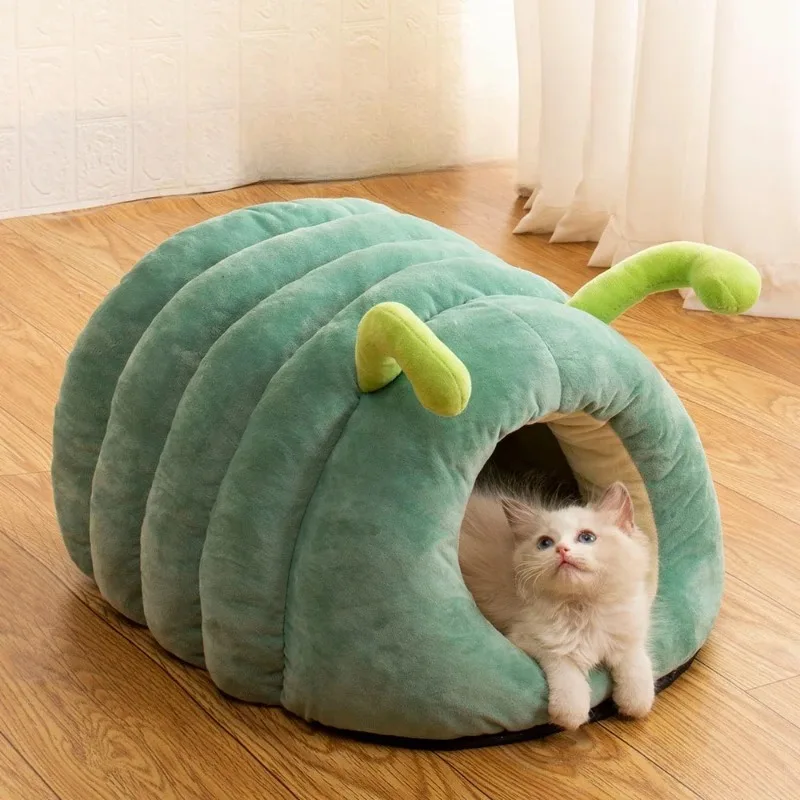 Cute Pet Nest Warm Soft Plush Cat Bed Cartoon Caterpillar Warm Thick Dog House Washable Cat House Foldable Cat Tent Pet Supplies