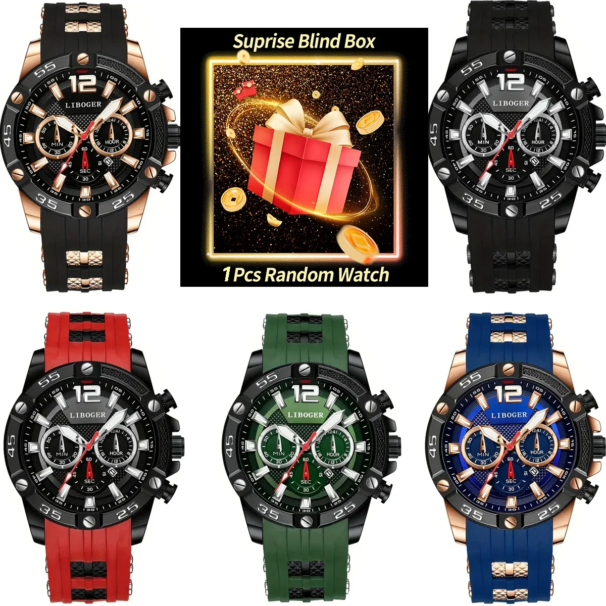 

1 шт. часы-сюрприз Mystery Box-роскошные мужские часы с большим циферблатом и календарем, повседневные кварцевые наручные часы с силиконовым ремешком Reloj Hombre