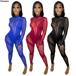 Women Sexy Sheer Mesh Patchwork Jumpsuit See Through Long Sleeve Mock Neck One Piece Bodycon Romper Night Club Party Outfits