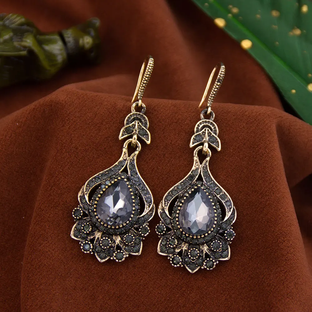 Sunspicems Luxury Boho Gray Crystal Earrings For Women Antique Gold Color Party Drop Earring Turkish Vintage Jewelry Bridal Gift