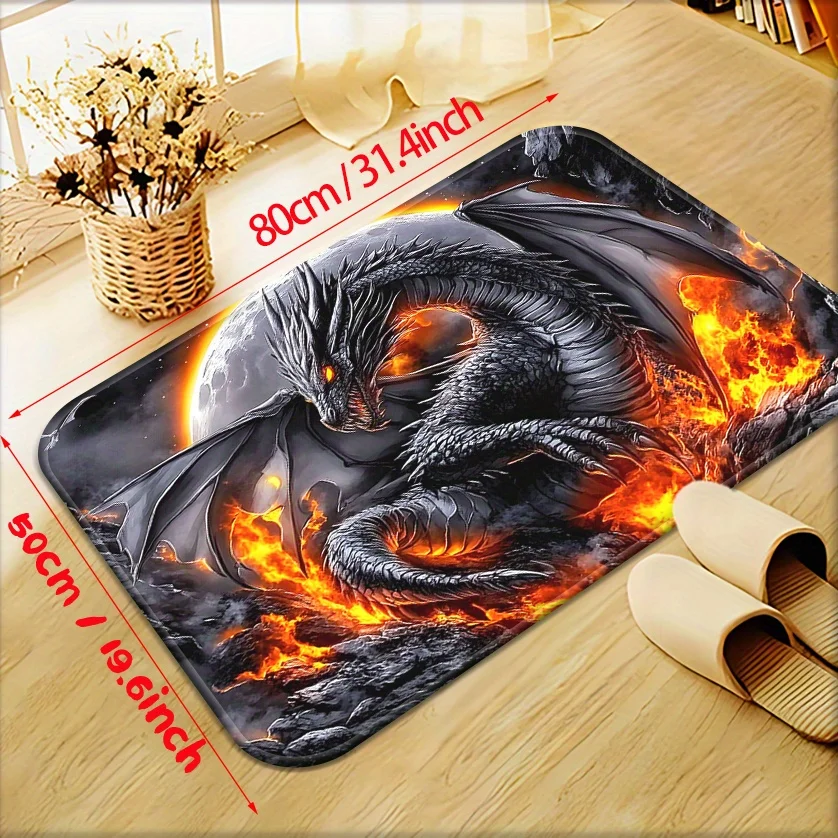 2D‑Printed Black Dragon Flame Moon Rug, Decor for Living Room, Entryway, Bathroom, Gatherings, Indoor‑Outdoor Parties
