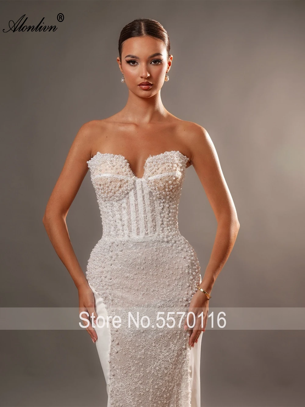 Alonlivn فستان زفاف فاخر مصنوع حسب الطلب من الدانتيل حورية البحر مطرز بالخرز مع زهور ثلاثية الأبعاد بدون أكتاف فساتين زفاف البوق