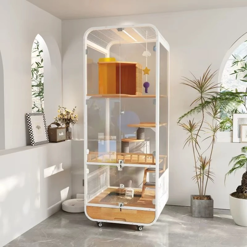Modern Luxury Eco-Friendly Fashion Cat Villa Steel Structure Universal Wheels Solid Wood Pet House Snap Button Sunny